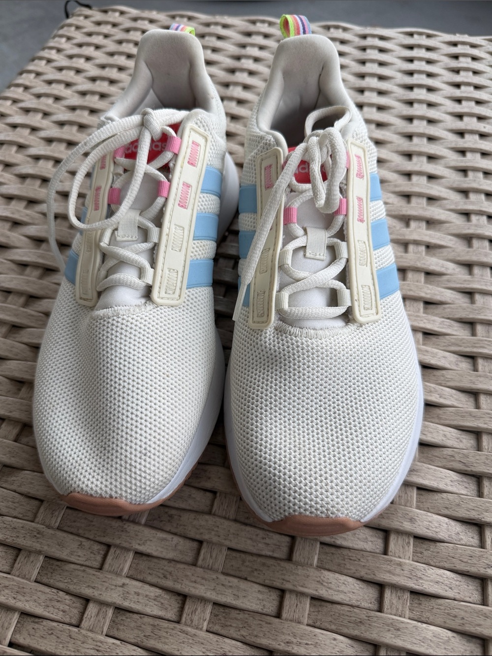 adidas Cream Mesh Sneakers with Light Blue Stripes and Pink Accents